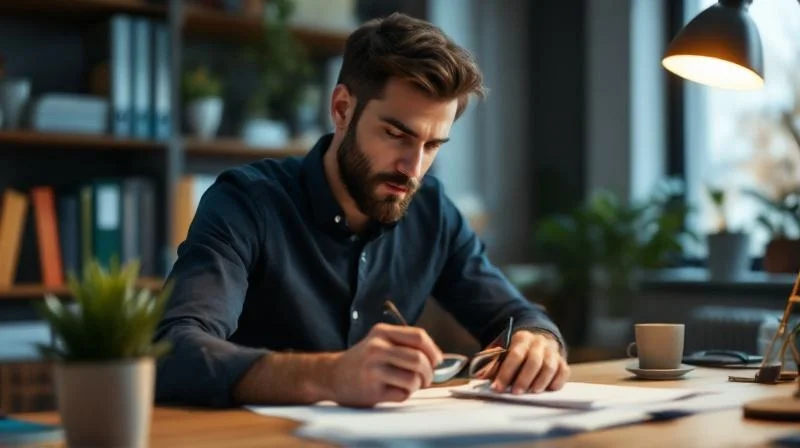 Mann berechnet Foerdermoeglichkeiten am Schreibtisch mit Unterlagen in einem Dortmunder Buero
