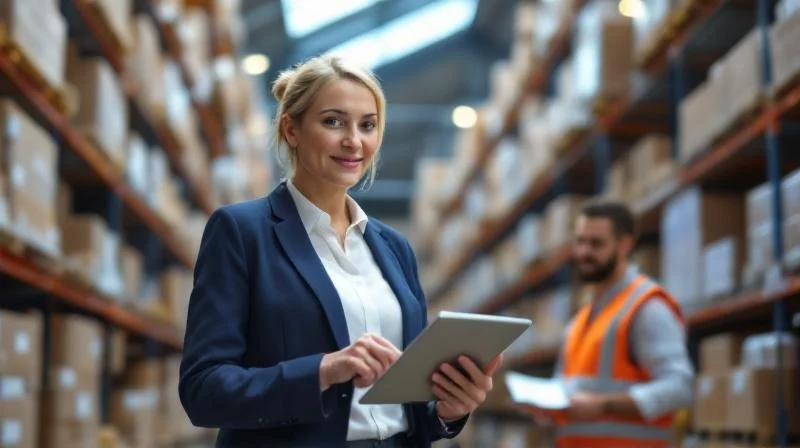 Erfahrene Ausbilderin erklärt einer Auszubildenden in einem Dortmunder Logistikbetrieb einen Arbeitsschritt