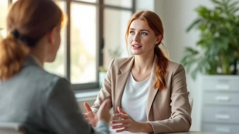 Frau im Beratungsgespraech in einem hellen Buero in Dortmund