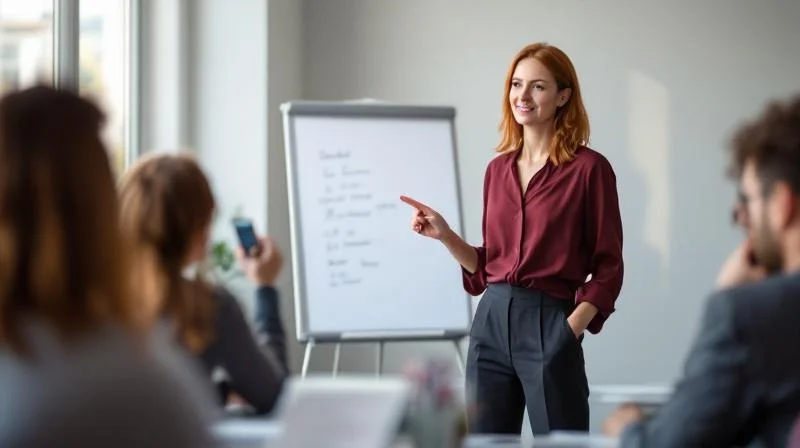 Frau praesentiert in einem Seminarraum vor einer kleinen Gruppe in Dortmund