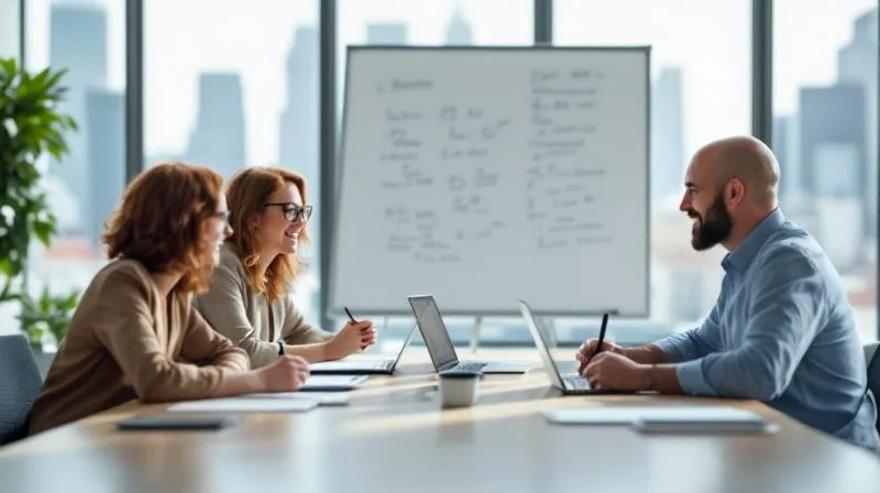 Gruppe von Berufstaetigen beim Lernen in einem modernen Seminarraum in Dortmund