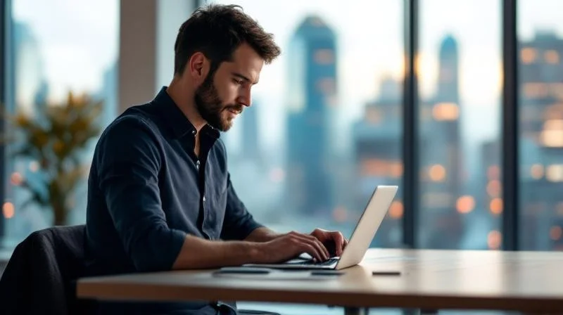 Mann am Laptop in einem modernen Buero in Dortmund plant seinen Karriereschritt