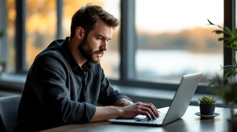 Dortmunder Angestellter im Coworking-Space am Phoenix-See mit Laptop