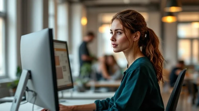 Frau arbeitet konzentriert am Laptop in einem modernen Buero in Dortmund