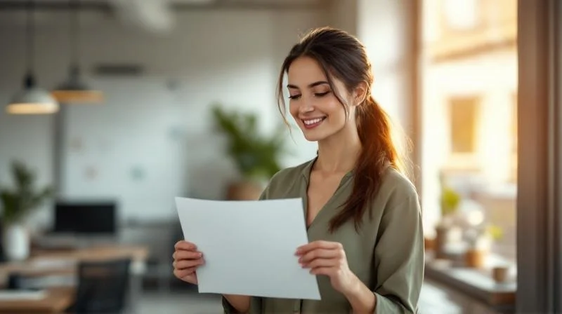 Mann haelt stolz sein IHK-Zeugnis in einem Buero in Dortmund