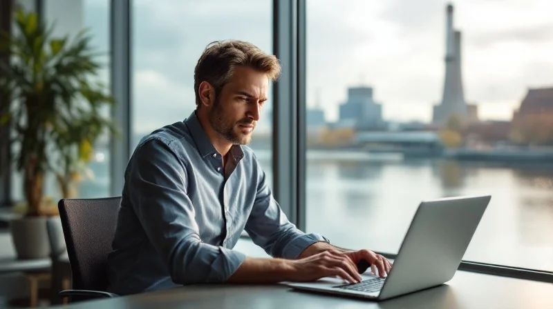 Dortmunder Geschäftsführer im modernen Phoenix-See-Büro mit Blick auf See und Stadt