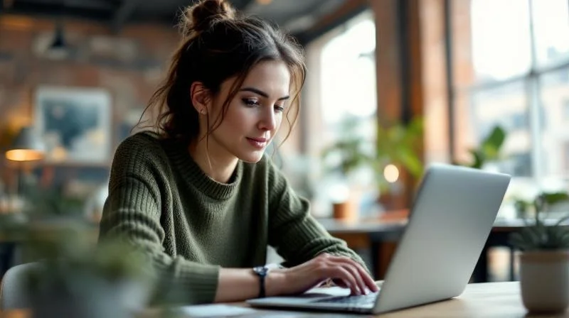 Quereinsteigerin am Laptop in einem modernen Dortmunder Coworking-Space im Hafenviertel