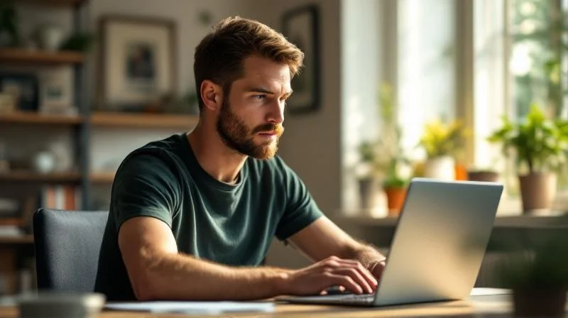 Mann lernt am Laptop in einem hellen Homeoffice in Dortmund