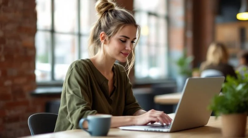 Frau arbeitet konzentriert am Laptop in einem hellen Buero in Dortmund
