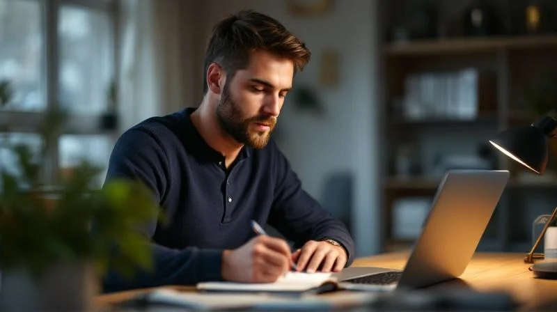 Mann lernt am Laptop fuer den Wirtschaftsfachwirt in einem modernen Homeoffice